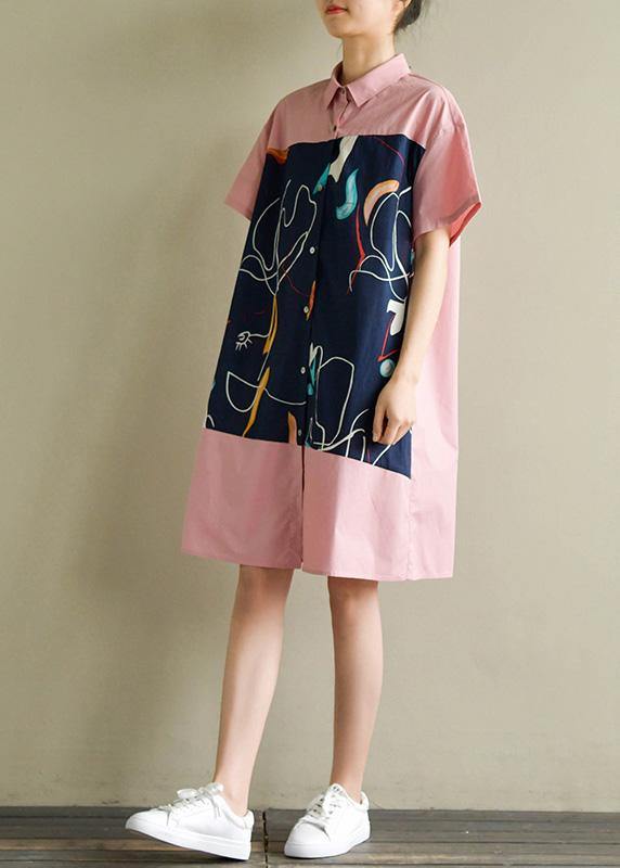 Pink Cotton Quilting Clothes Lapel Patchwork Knee Summer Dress
