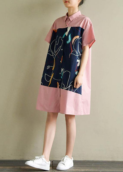 Pink Cotton Quilting Clothes Lapel Patchwork Knee Summer Dress