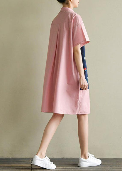 Pink Cotton Quilting Clothes Lapel Patchwork Knee Summer Dress