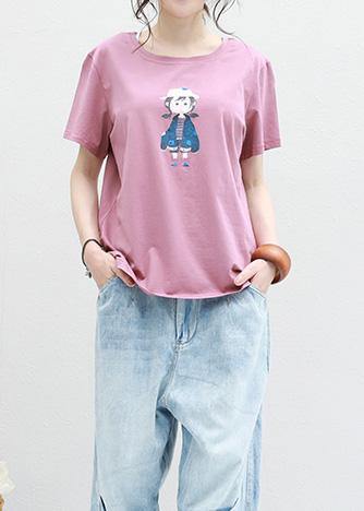 Pink Cotton Crane Tops Prints Tunic Summer Shirts