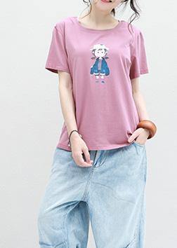 Pink Cotton Crane Tops Prints Tunic Summer Shirts