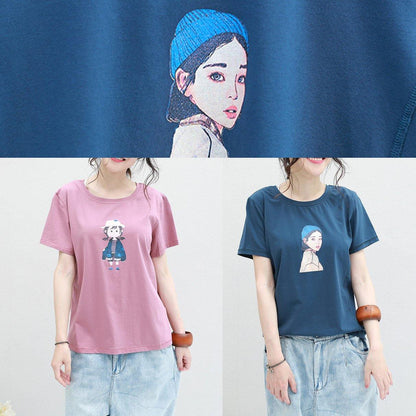 Pink Cotton Crane Tops Prints Tunic Summer Shirts