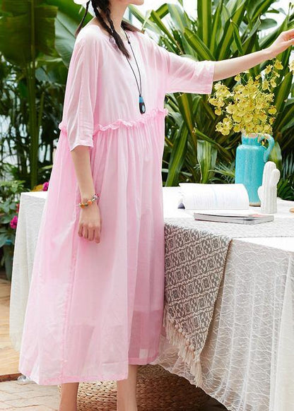 Pink Cotton Linen Robes O Neck Patchwork a Line Summer Dresses