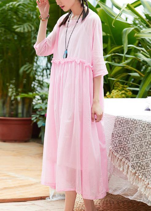 Pink Cotton Linen Robes O Neck Patchwork a Line Summer Dresses