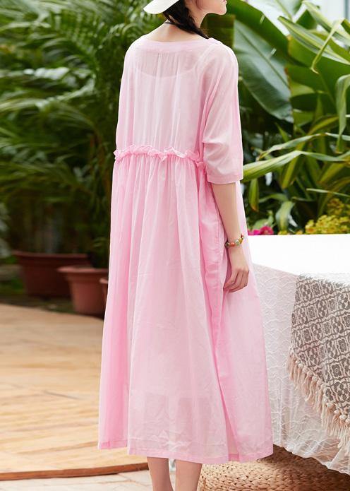 Pink Cotton Linen Robes O Neck Patchwork a Line Summer Dresses