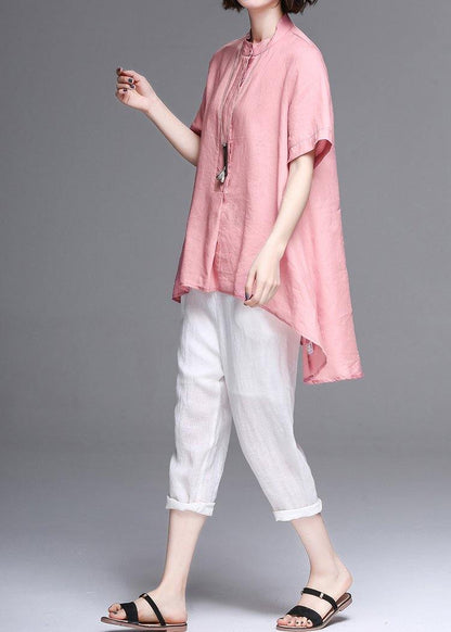 Pink Cotton Linen Clothes Work Stand Collar Asymmetric Summer Tops