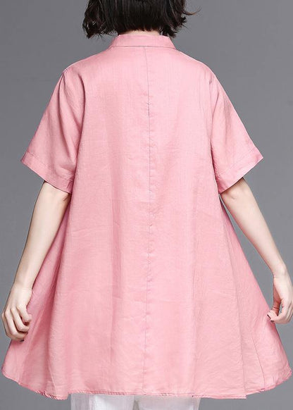 Pink Cotton Linen Clothes Work Stand Collar Asymmetric Summer Tops