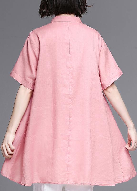 Pink Cotton Linen Clothes Work Stand Collar Asymmetric Summer Tops