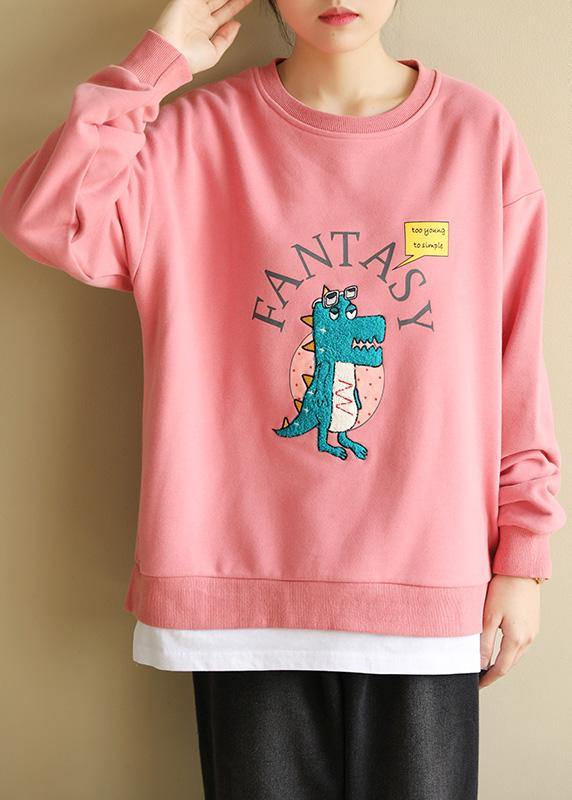 Pink Cotton Linen Tops Blouses Cartoon Print Dresses O Neck Blouse