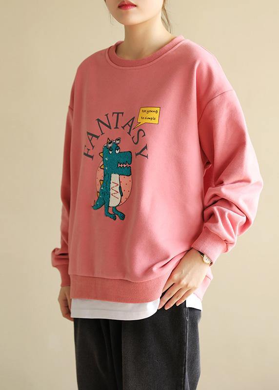Pink Cotton Linen Tops Blouses Cartoon Print Dresses O Neck Blouse