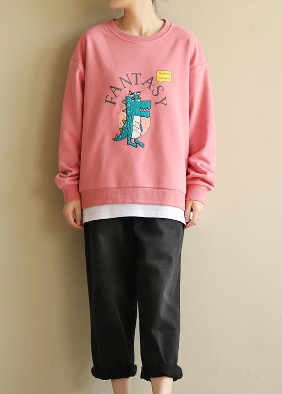 Pink Cotton Linen Tops Blouses Cartoon Print Dresses O Neck Blouse