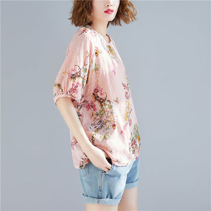 Pink Linen Top Silhouette Outfits O Neck Cinched Tops