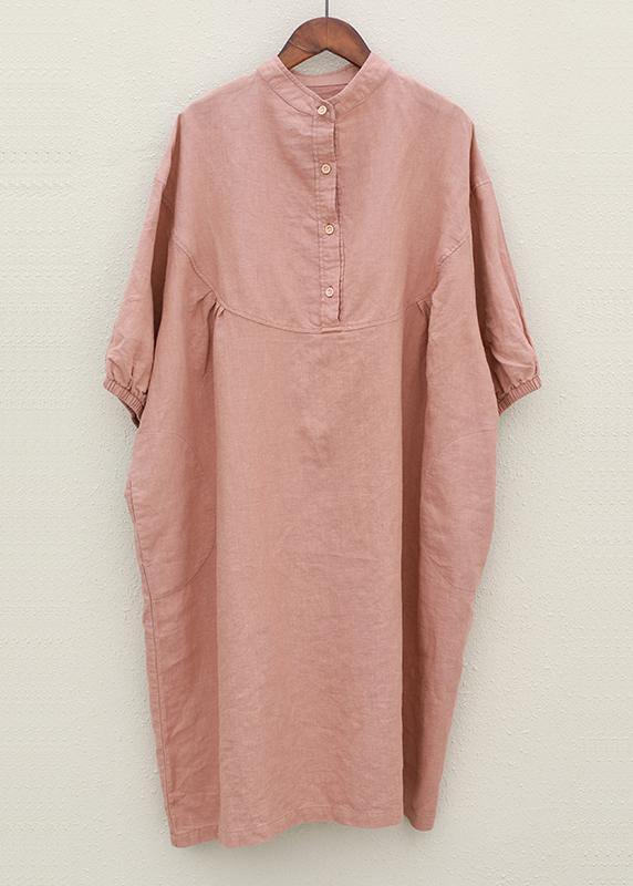Pink Linen Robes Stand Collar Batwing Sleeve Loose Summer Dresses
