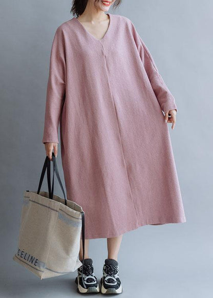 Pink Linen Cotton Outfit V Neck Traveling Fall Dresses