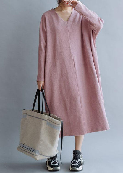 Pink Linen Cotton Outfit V Neck Traveling Fall Dresses