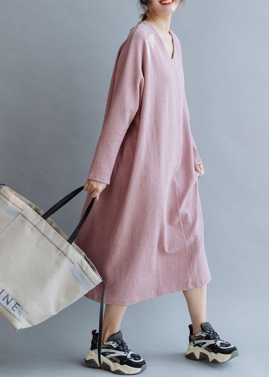 Pink Linen Cotton Outfit V Neck Traveling Fall Dresses