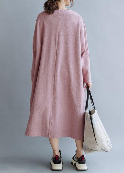 Pink Linen Cotton Outfit V Neck Traveling Fall Dresses