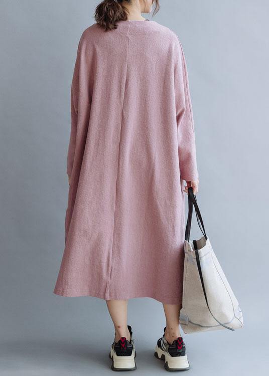Pink Linen Cotton Outfit V Neck Traveling Fall Dresses