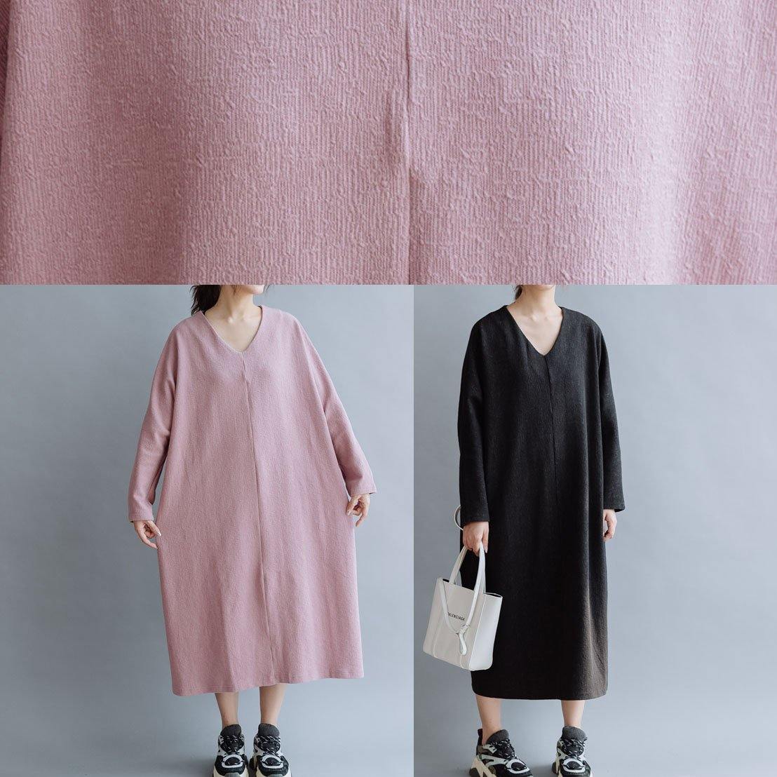 Pink Linen Cotton Outfit V Neck Traveling Fall Dresses