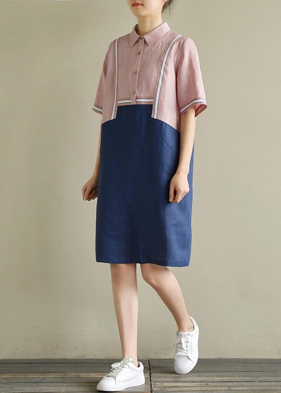 Pink Patchwork Blue Linen Robes Lapel Shift Summer Dress