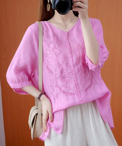 Pink Shirts V Neck Embroidery Oversized Summer Shirts