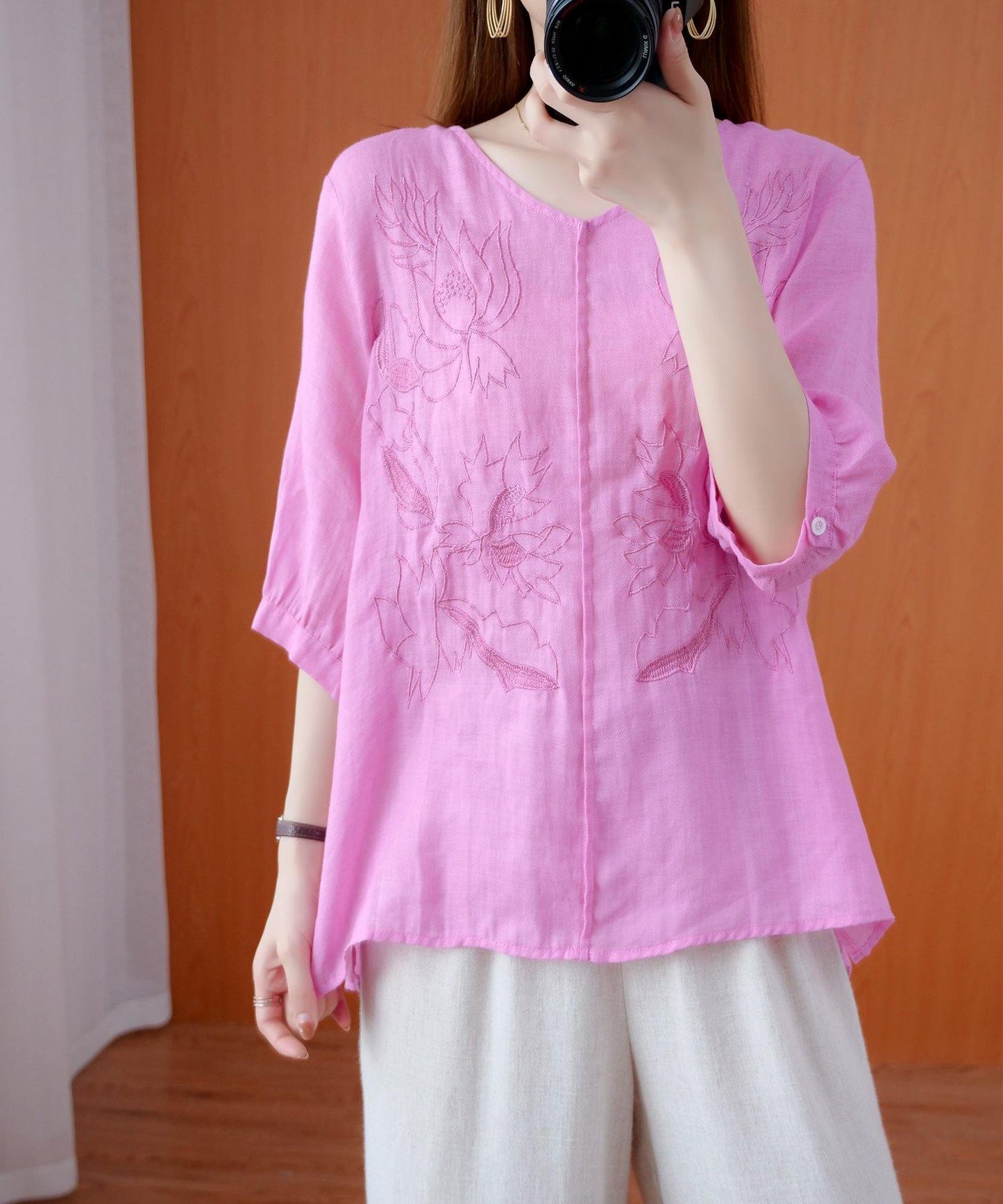 Pink Shirts V Neck Embroidery Oversized Summer Shirts