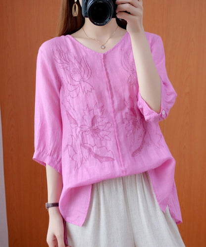 Pink Shirts V Neck Embroidery Oversized Summer Shirts