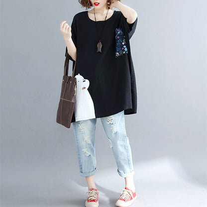 Pockets Batwing Sleeve Cotton Shirts Work Outfits Black Silhouette Tops