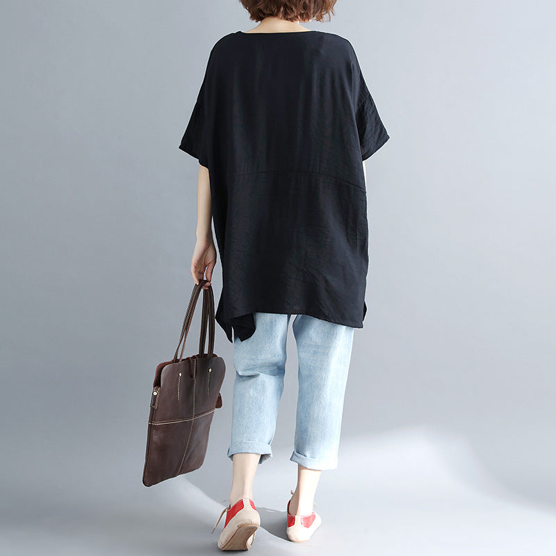 Pockets Batwing Sleeve Cotton Shirts Work Outfits Black Silhouette Tops