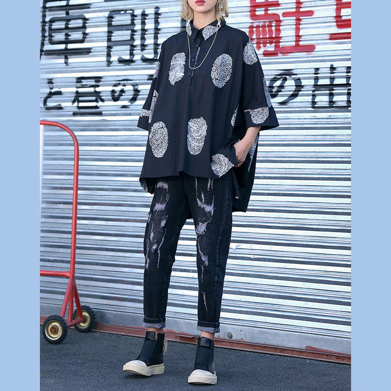 Pockets Cotton Top Silhouette Fine Tutorials Black Print Oversized Blouses