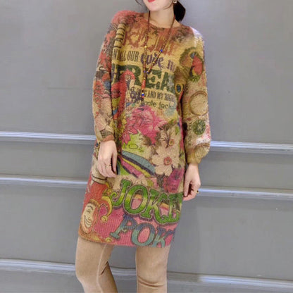 Prints Cotton Wild Sweater Dresses Fit Elastic Knit Dress