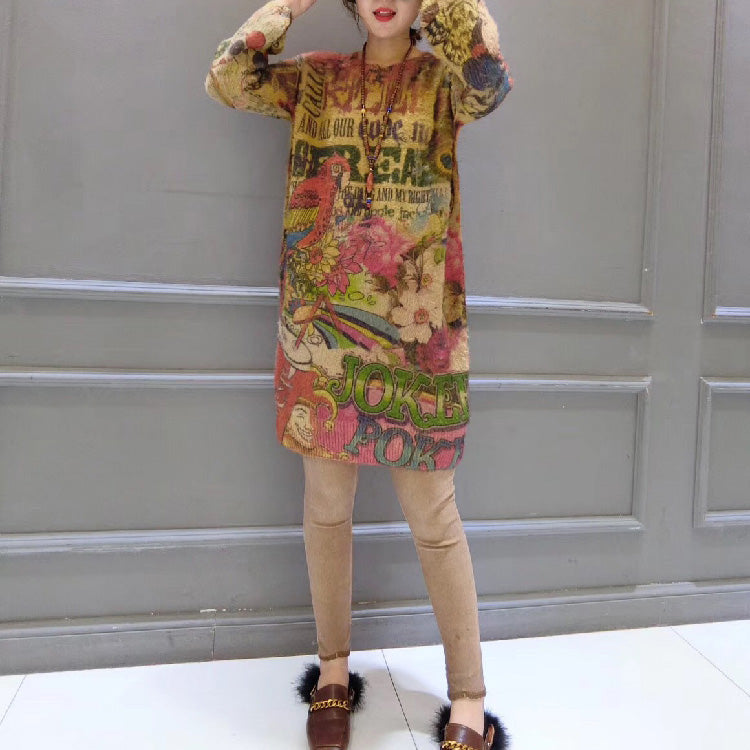 Prints Cotton Wild Sweater Dresses Fit Elastic Knit Dress
