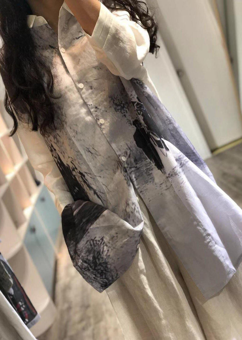 Prints Chiffon Robes Lapel Collar Short Fall Shirt Dresses