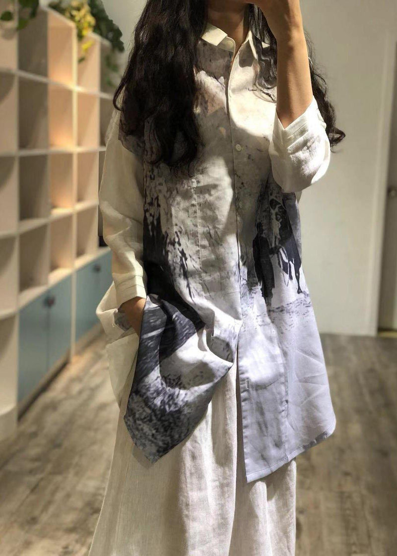 Prints Chiffon Robes Lapel Collar Short Fall Shirt Dresses