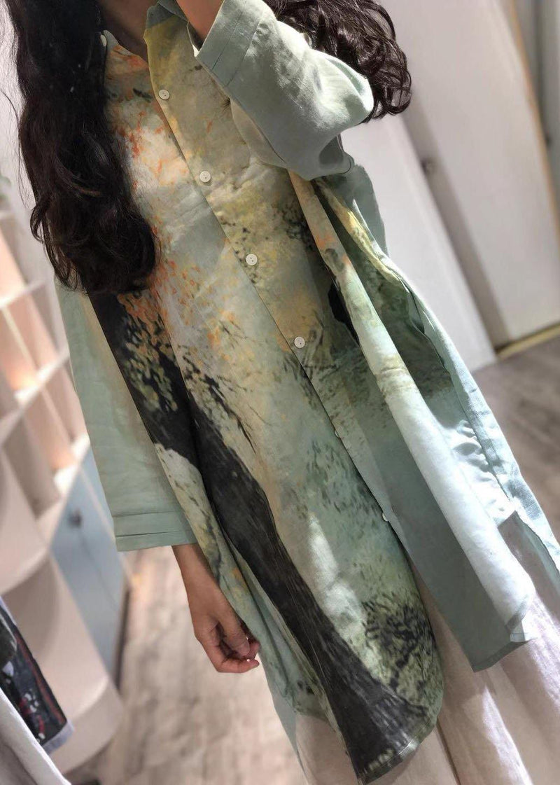 Prints Chiffon Robes Lapel Collar Short Fall Shirt Dresses