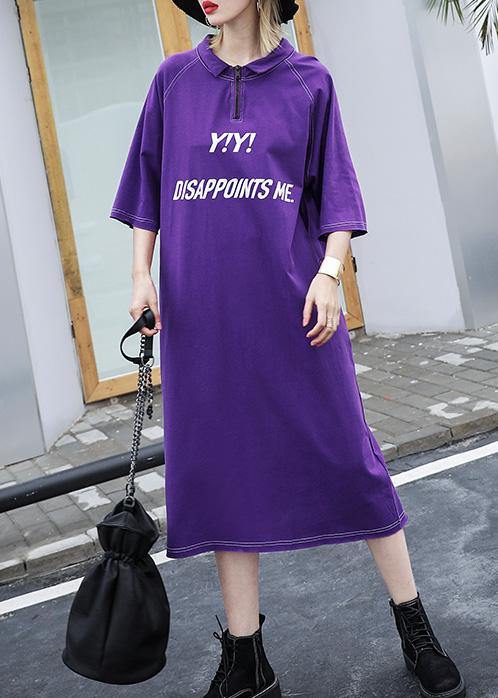 Purple Cotton Outfit Alphabet Prints Long Summer Dress