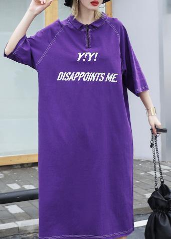 Purple Cotton Outfit Alphabet Prints Long Summer Dress