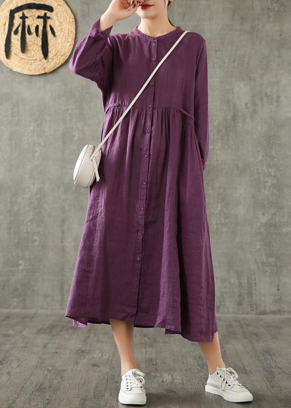 Purple Linen Wardrobes Cinched Pockets Cotton Spring Dress