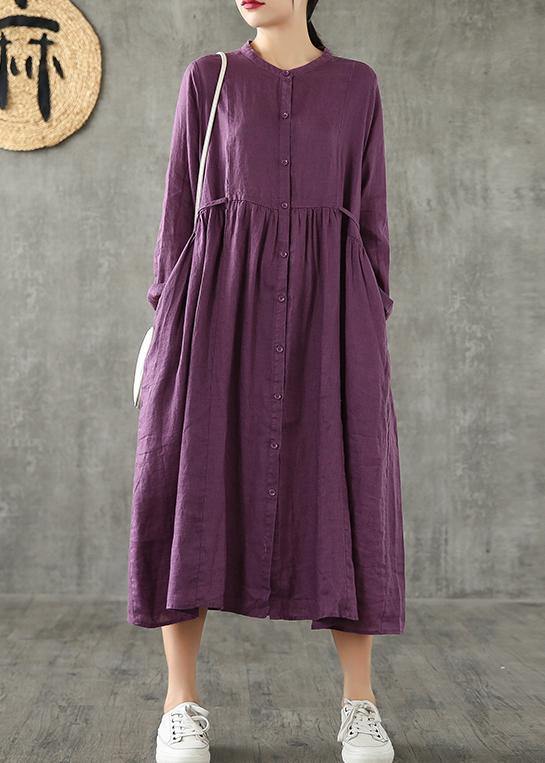 Purple Linen Wardrobes Cinched Pockets Cotton Spring Dress
