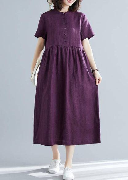 Purple Linen Cotton Clothes for Ideas O Neck Large Hem Maxi Summer Dresses