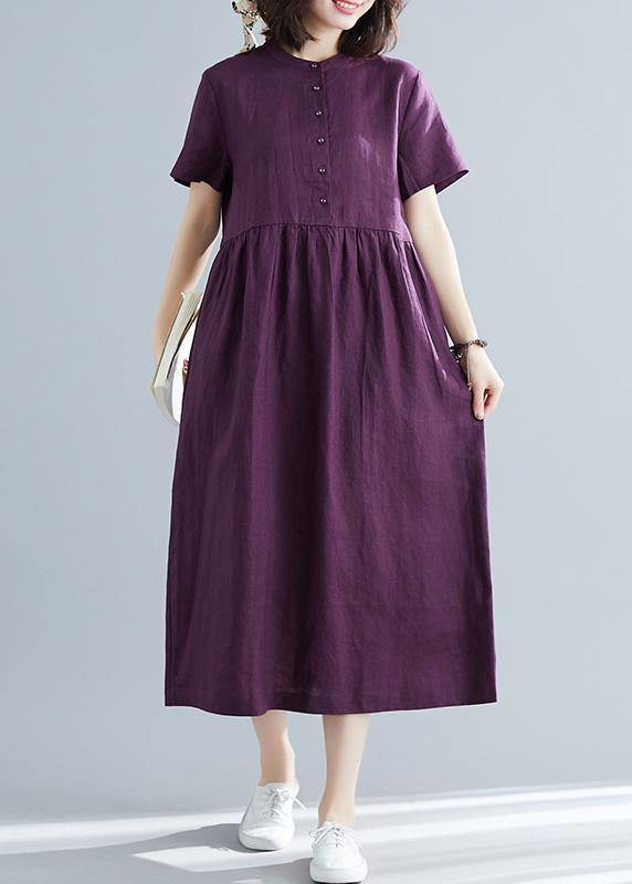 Purple Linen Cotton Clothes for Ideas O Neck Large Hem Maxi Summer Dresses