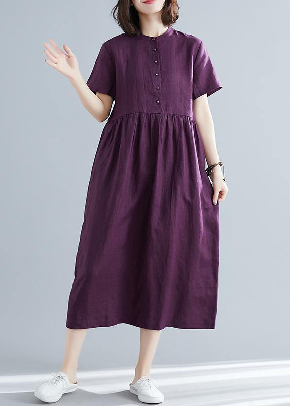 Purple Linen Cotton Clothes for Ideas O Neck Large Hem Maxi Summer Dresses