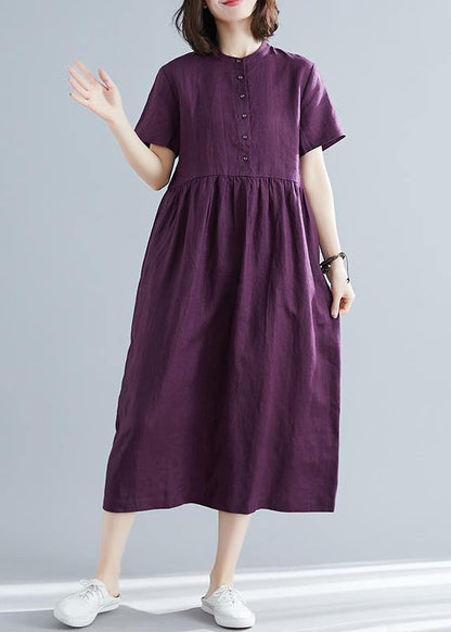 Purple Linen Cotton Clothes for Ideas O Neck Large Hem Maxi Summer Dresses