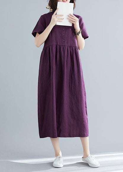 Purple Linen Cotton Clothes for Ideas O Neck Large Hem Maxi Summer Dresses