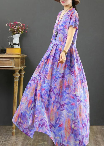 Purple Print Cotton Clothes V Neck Cinched Clothing Dress