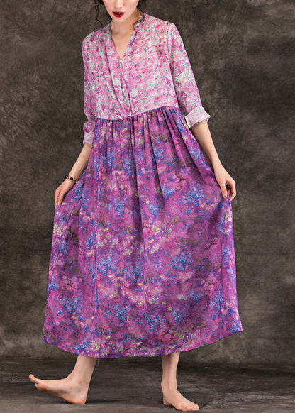 Purple Print Linen Dresses Fine V Neck Patchwork Loose Spring Dresses