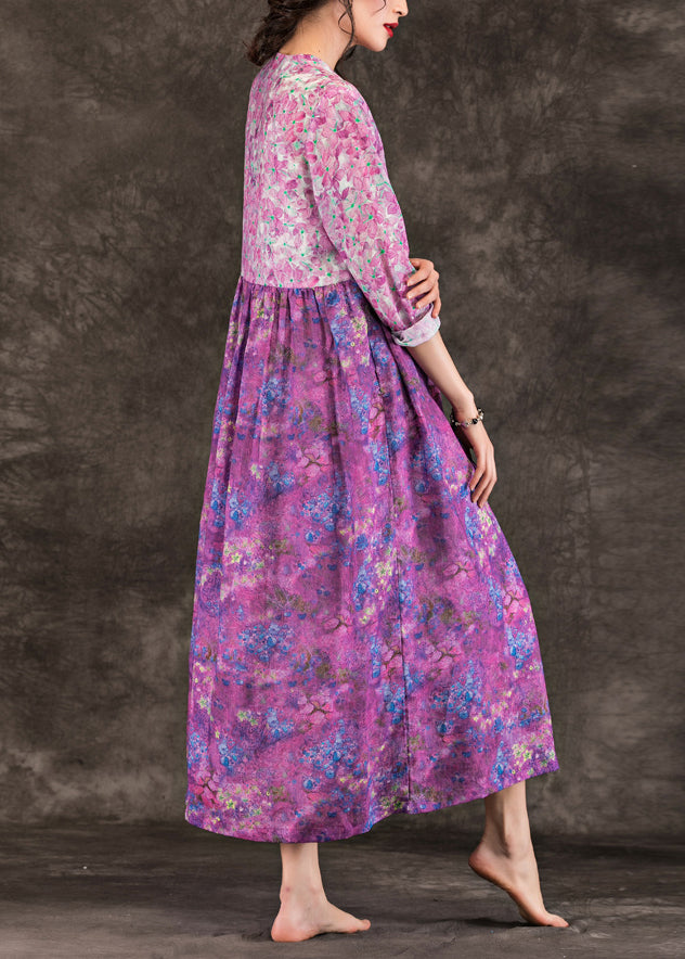 Purple Print Linen Dresses Fine V Neck Patchwork Loose Spring Dresses