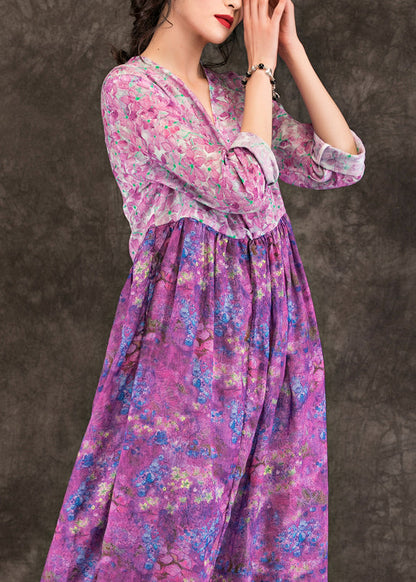 Purple Print Linen Dresses Fine V Neck Patchwork Loose Spring Dresses