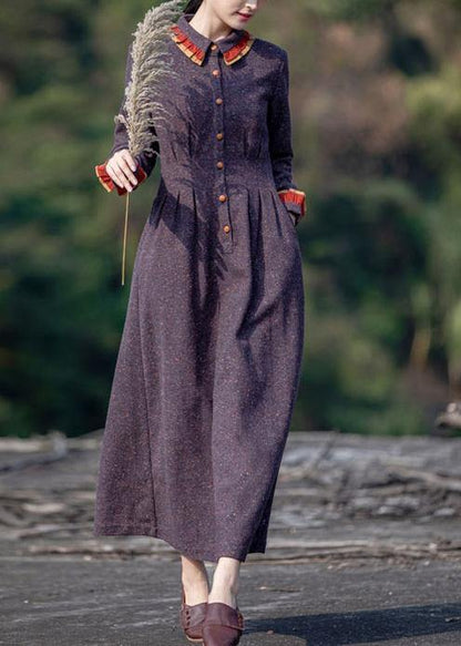 Purple Print Outfit Lapel Pockets a Line Spring Dresses