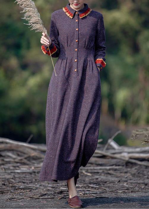 Purple Print Outfit Lapel Pockets a Line Spring Dresses